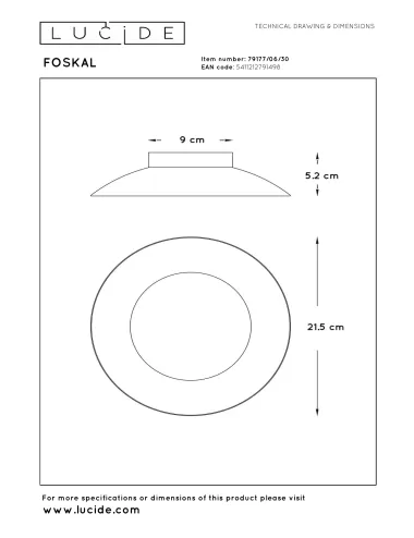 Lucide - Foskal Ø21,5 LED 79177/06/30 griestu lampa | TavaGaisma.lv